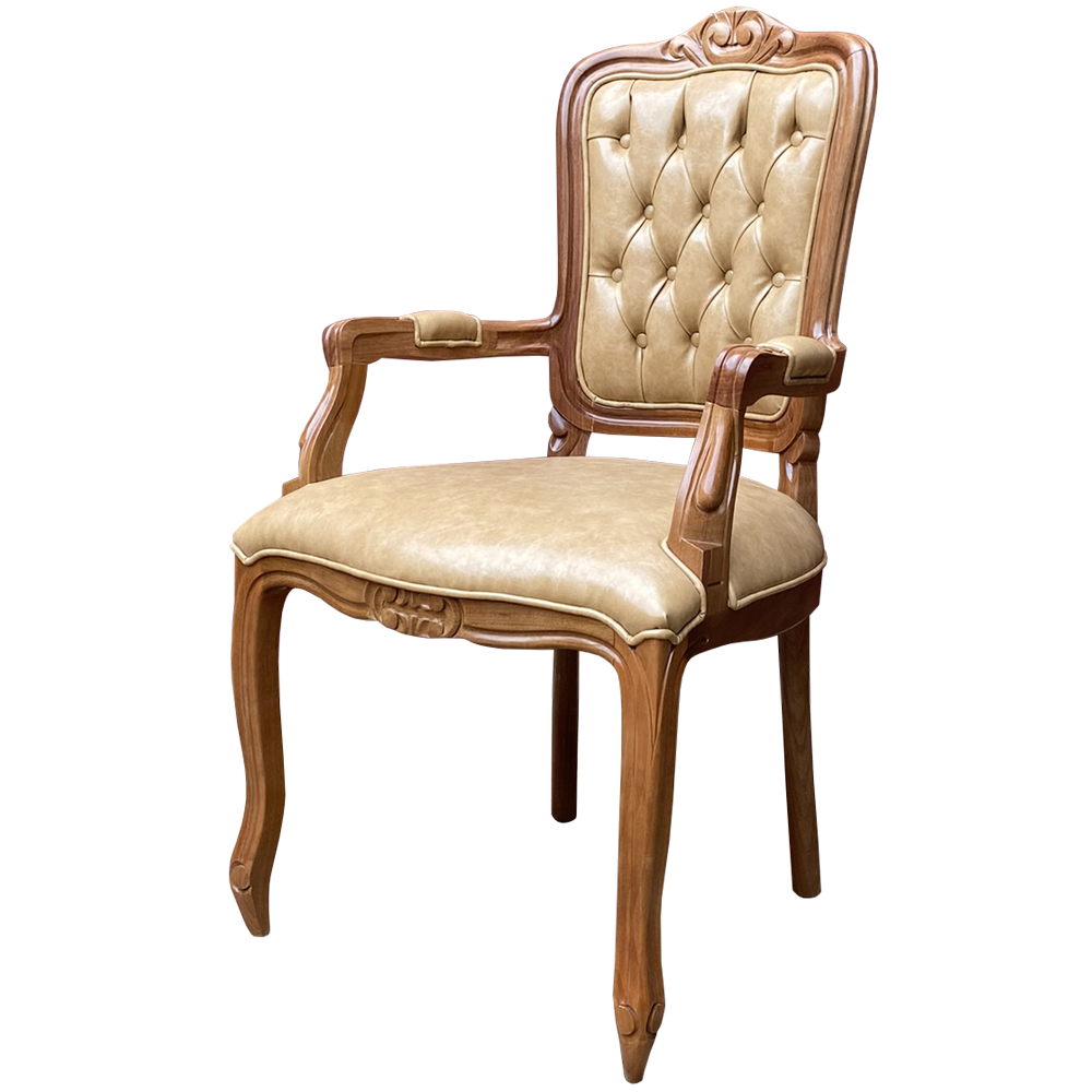 Cadeira Luís XV com Braços Cadeira Luís XV com braços em madeira entalhada, acabamento dourado e estofado em veludo bege, destacando-se pelo design clássico e sofisticado