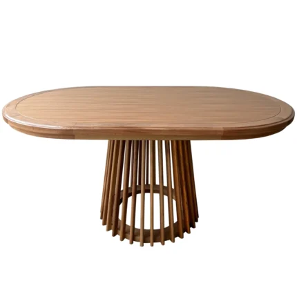 Mesa de Jantar Oval Ripada em Madeira Macica Jequitiba Rosa com base conica em grade e tampo organico